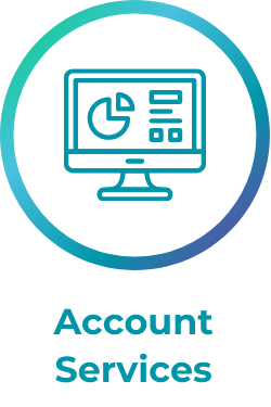 Icon of a computer monitor displaying charts and account details, encircled, with 'Account Servic