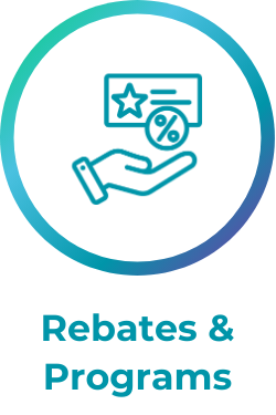 Icon of a hand holding a rebate/discount card, encircled, with the text 'Rebates & Programs' b