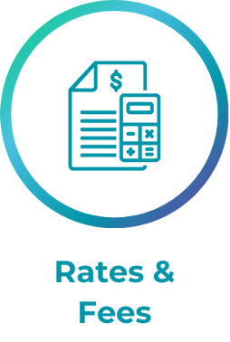 Icon of a document with a dollar sign and a calculator, encircled, with the text 'Rates & Fees