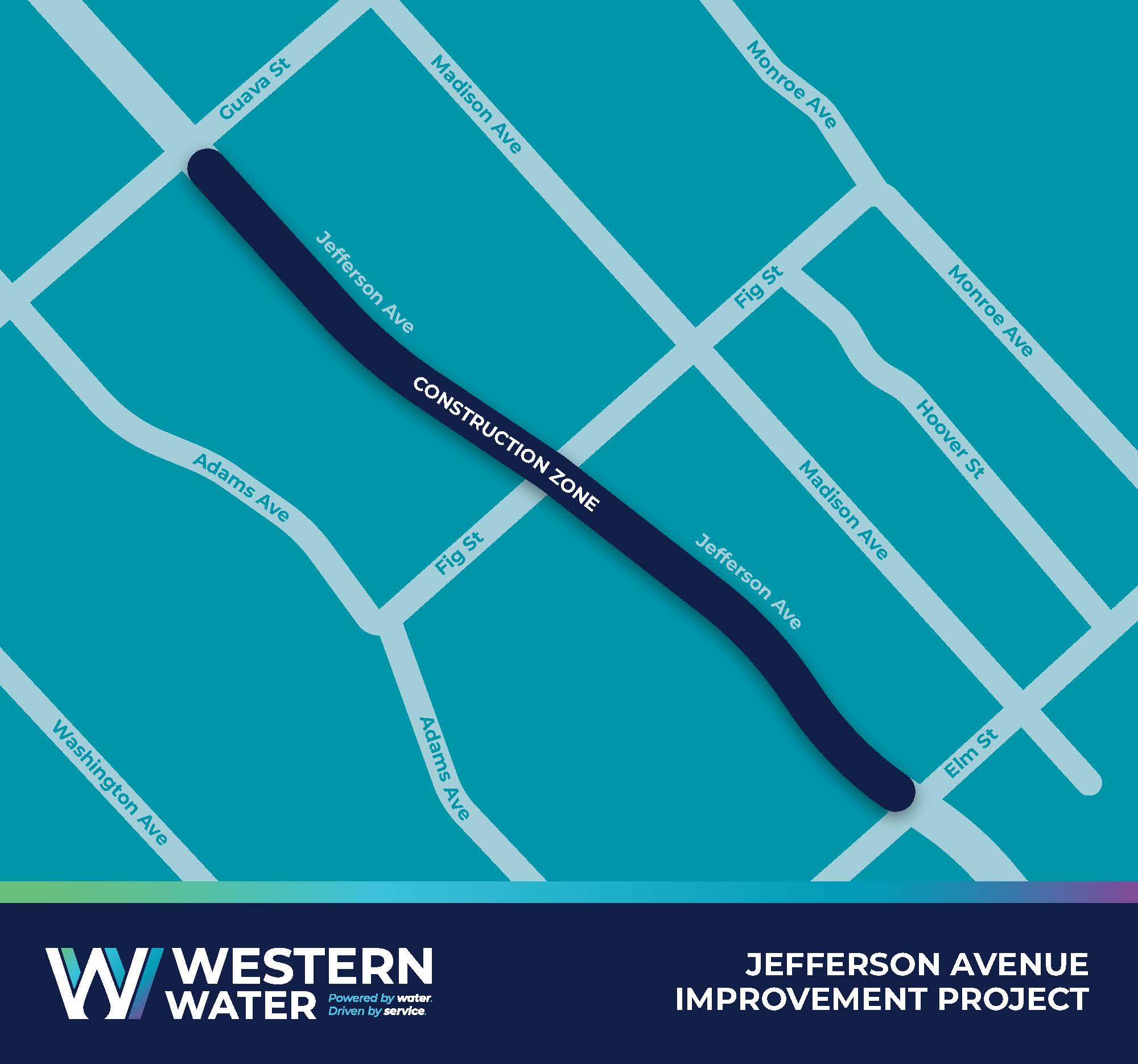 Jefferson Construction Map showing streets near and highlighting the construction area.