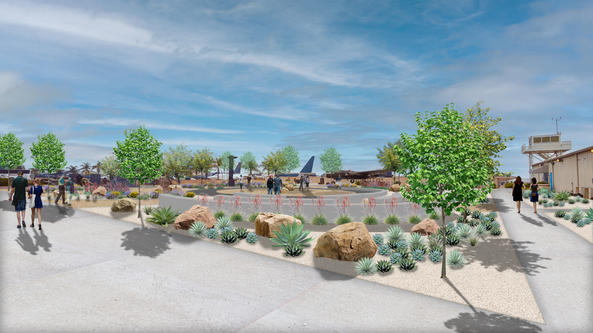 Rendering of the March Air Field Museum landscape of non-functional turf, water-wise garden