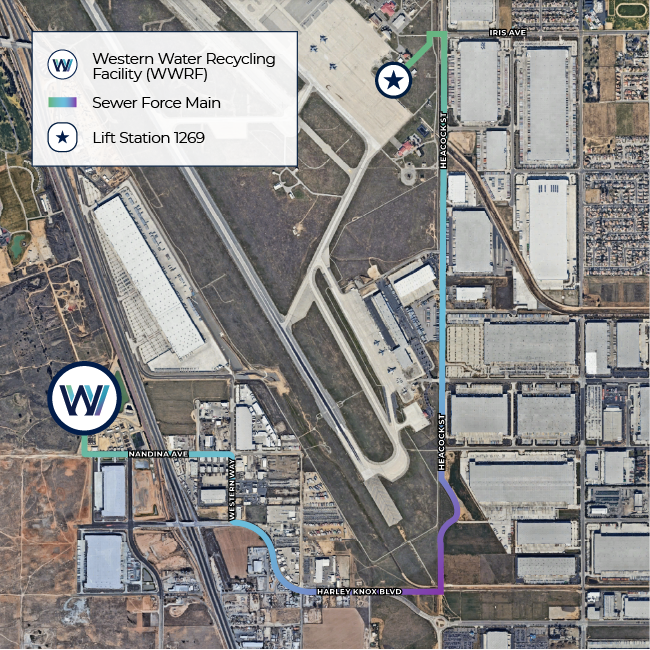 MARB Sewer Force Main aerial map showing the recycling facility, sewer force main and lift station