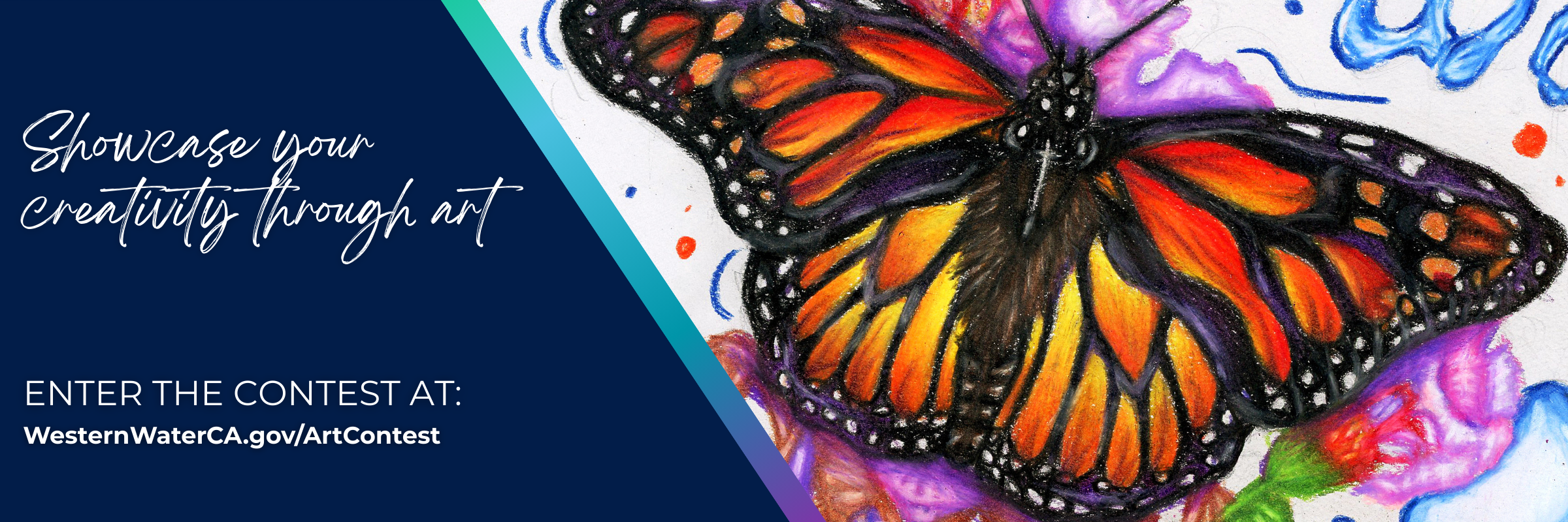 Art Contest Web Banner, Enter Contest, Show your creativity, Water is beauty with butterfly image