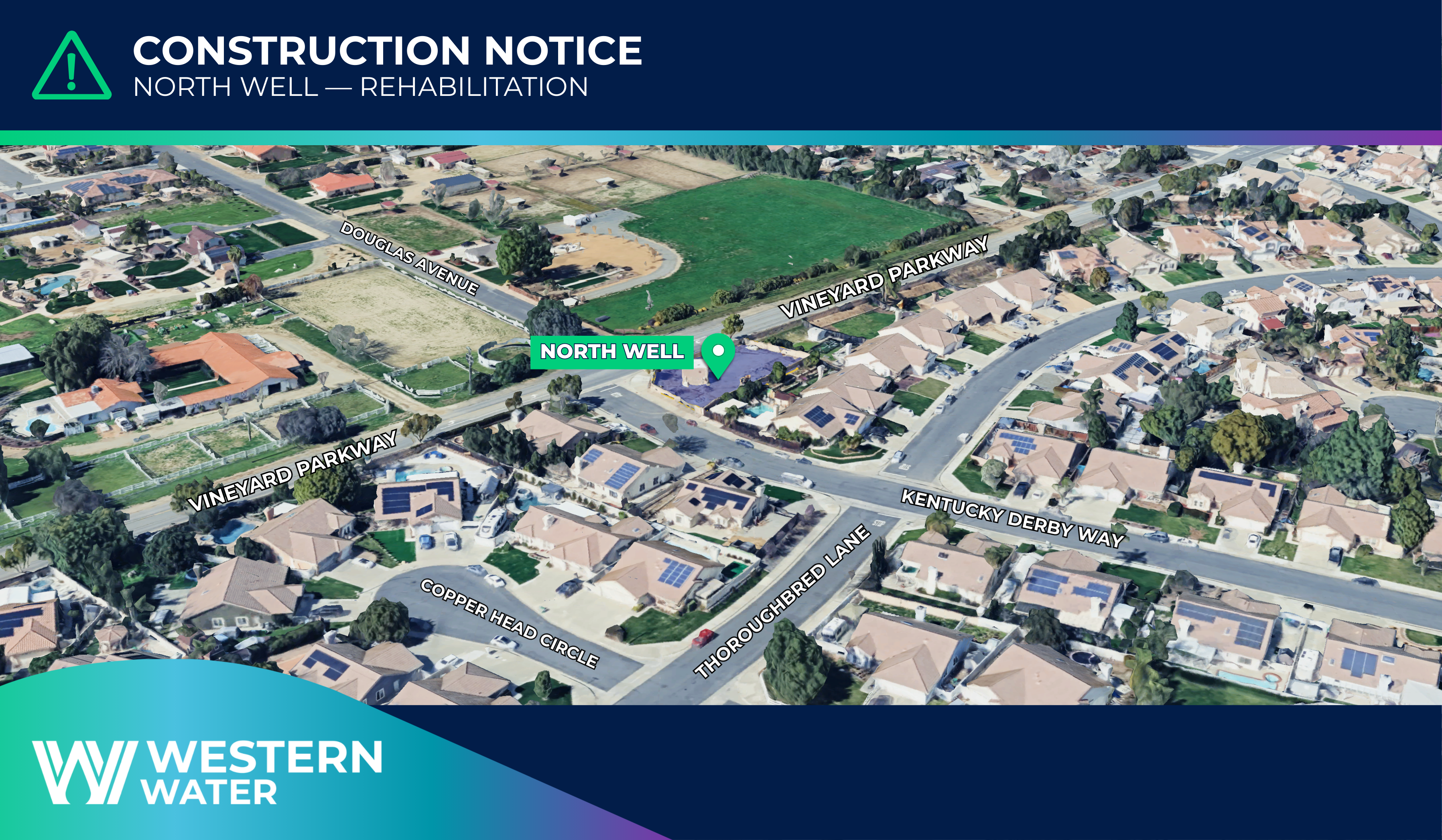 Construction Notice North Well – Rehabilitation with an aerial view map and western Water branding